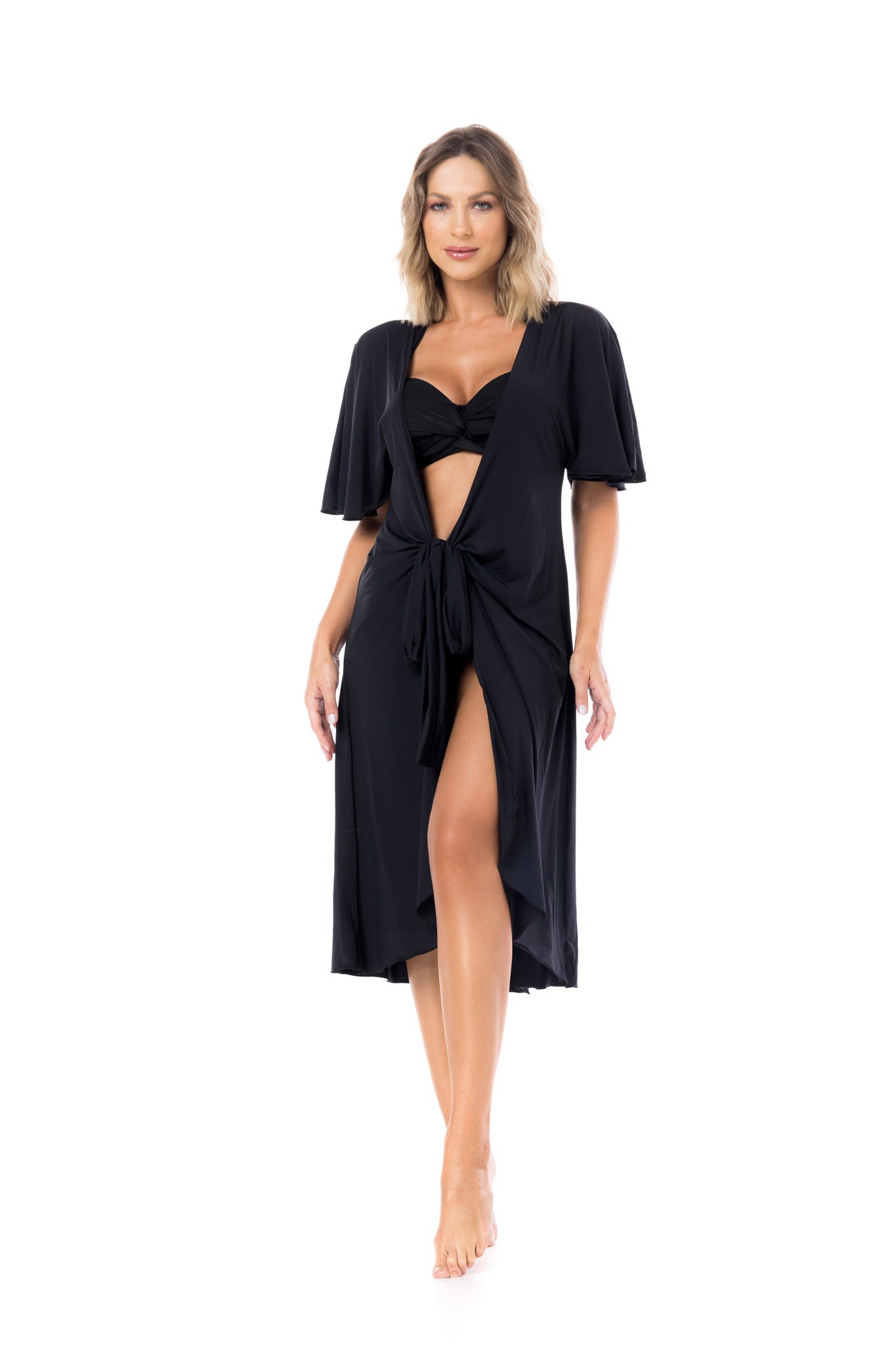 Model Front: La Playa Midi Dress Vestido Crepe Preto