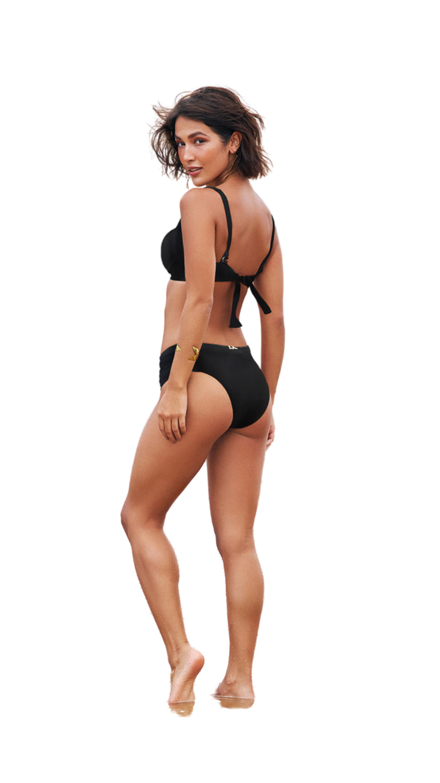 Model Back: Lua Morena Bottom Bottom Drapeada Larga Liso Preto