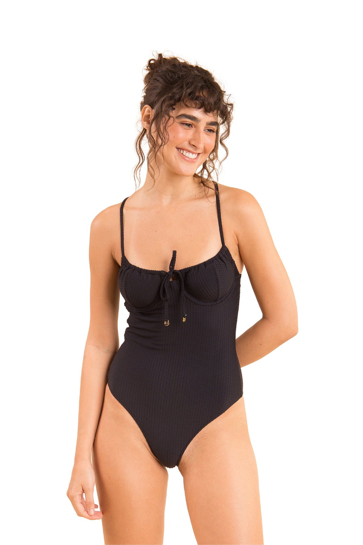 Model Front: Rio De Sol One Piece Swimsuits Dots-Black Julia