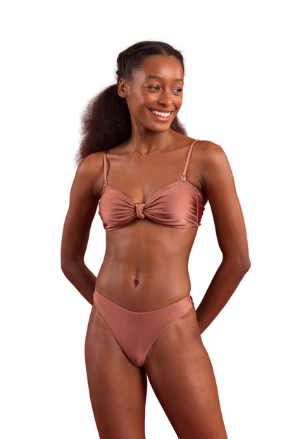 Model Front: Rio De Sol Two Piece Swimwear Set Shimmer-Copper Bandeau-Joy Nice-Fio