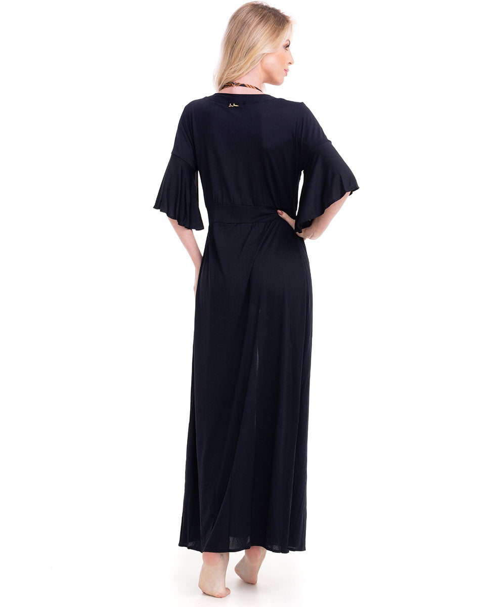 Image 04: Lua Morena Kaftans / Cover Ups Kimono Longo Crepe Liso Preto