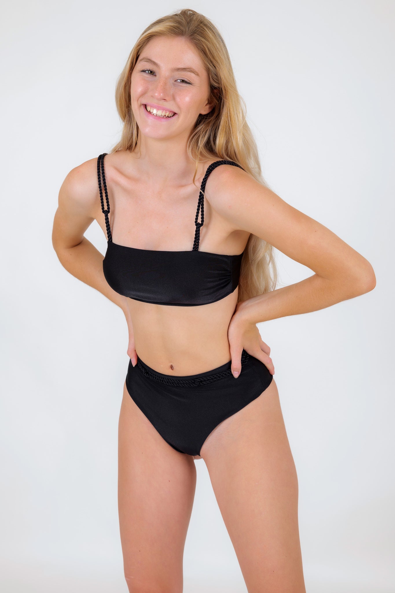 Model Front: Rio De Sol Bottom Bottom Shimmer-Black Hotpants