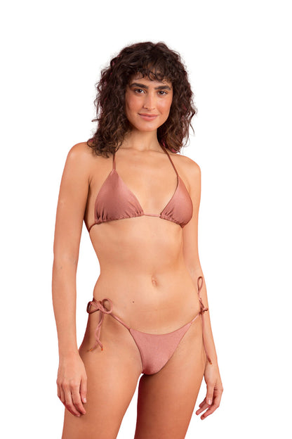 Model Front: Rio De Sol Bikini Bottoms Bottom Shimmer-Copper Cheeky-Tie