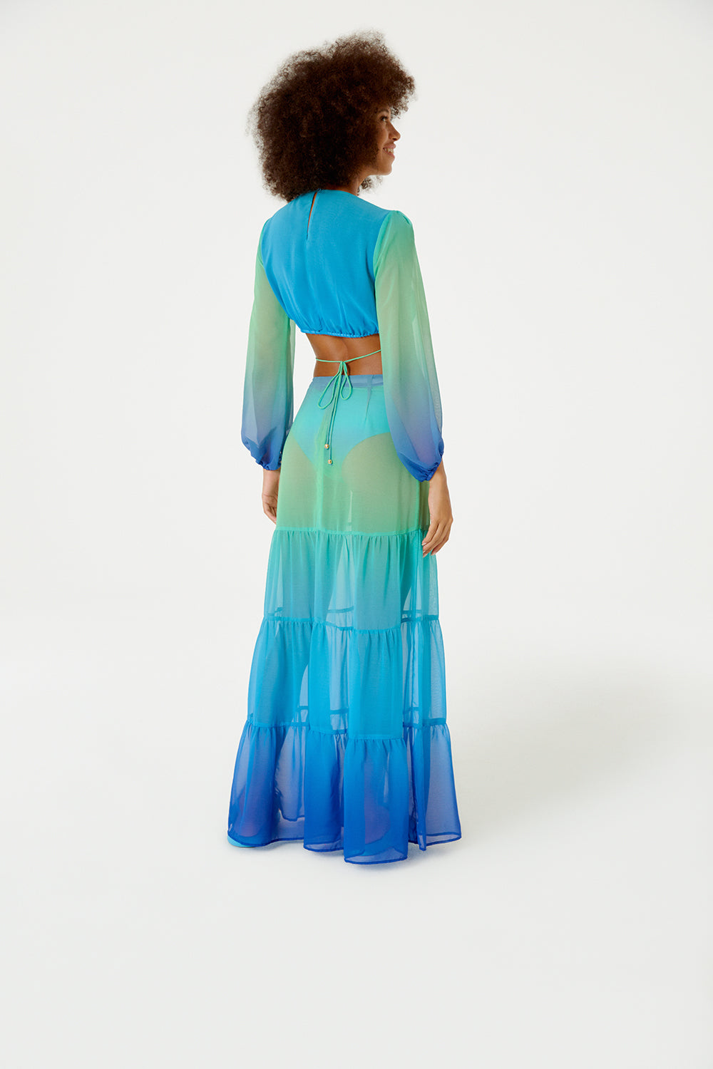 Model Back: Blueman Maxi Dresses Vestido Longo Resort Degrade Sky Barrado