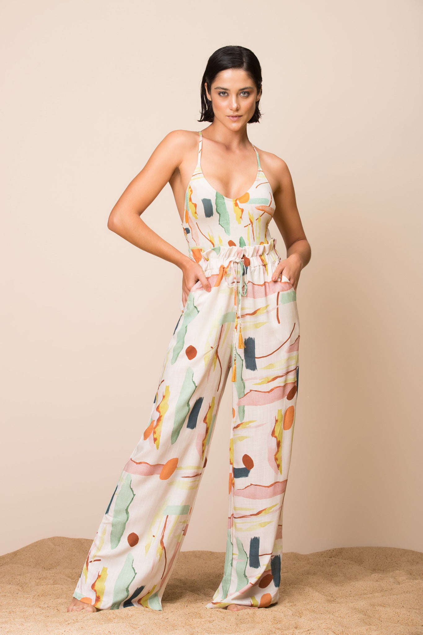 Model Front: La Playa Beach Trousers Wide Leg Paleta