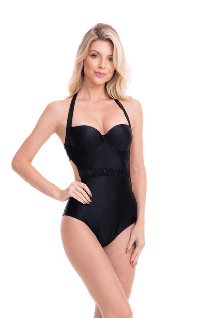 Model Front: Lua Morena One-Piece Meia-Taca Liso Preto