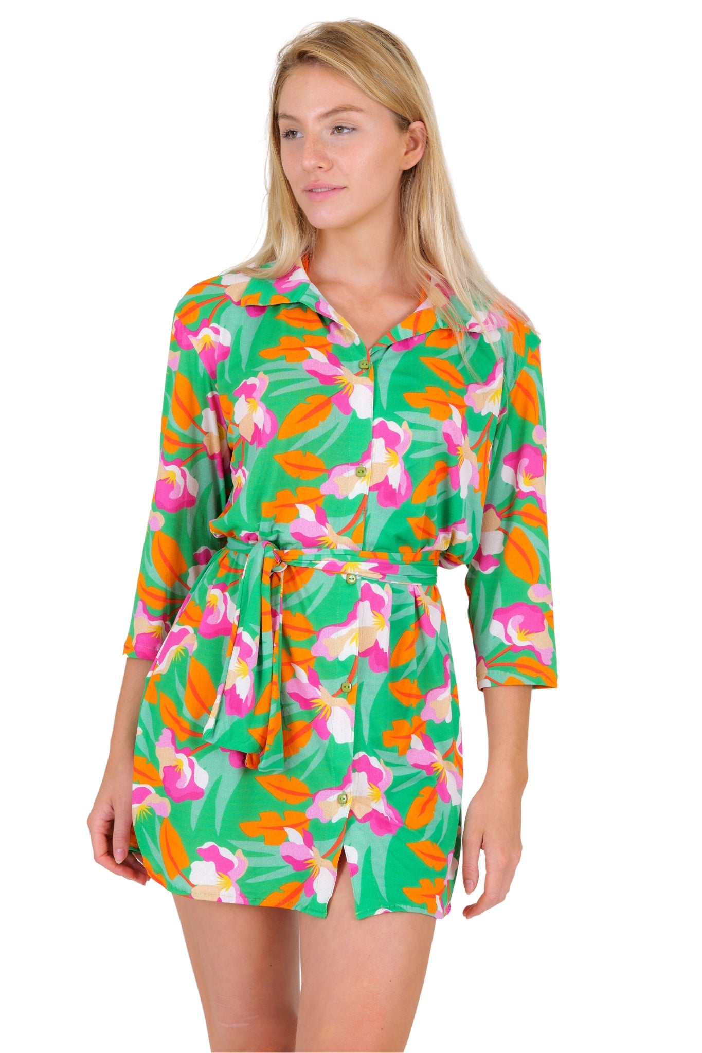 Model Front: Rio De Sol Shirtdress Green Bloom Chemise