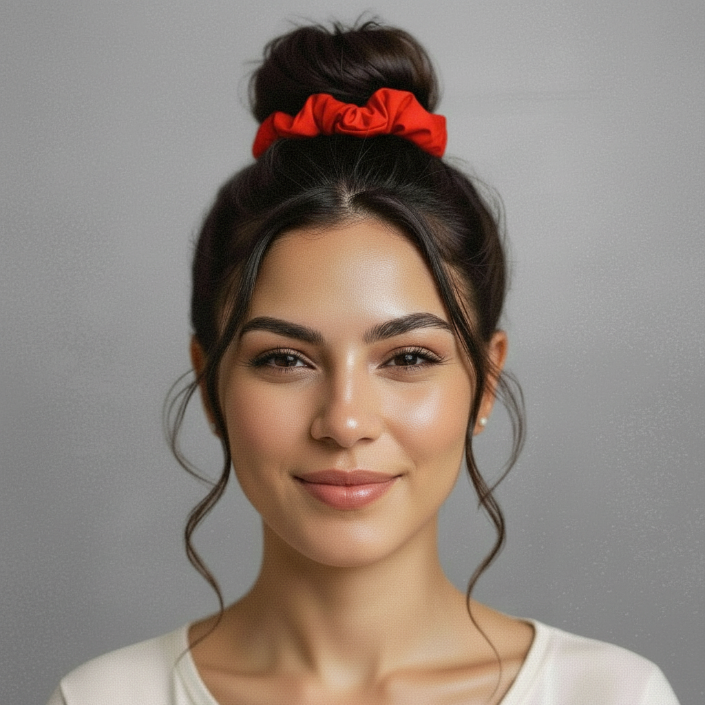 Model Front: Rio De Sol Hair Accessory Rouge Scrunchie