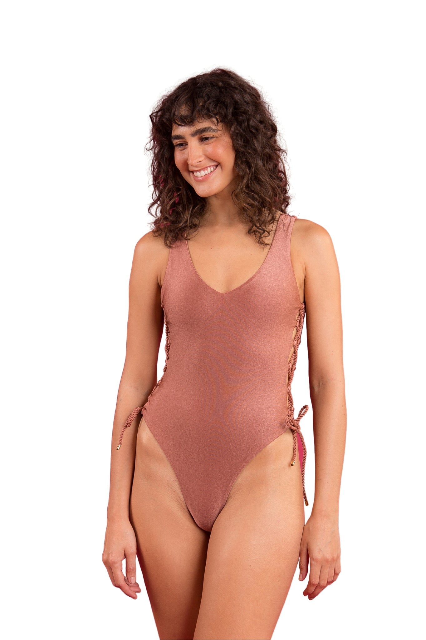 Model Front: Rio De Sol One-Piece Shimmer-Copper Zoe